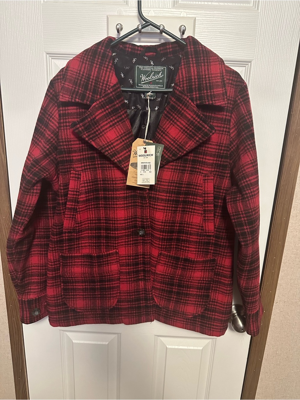 Woolrich Red and Black Plaid Wool Pea Coat